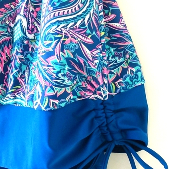 CARIBBEAN JOE BLUE PINK FLORAL RUCHED HIGH-CUT TANKINI 2-PC SET SIZE 12 NWT - Picture 7 of 12